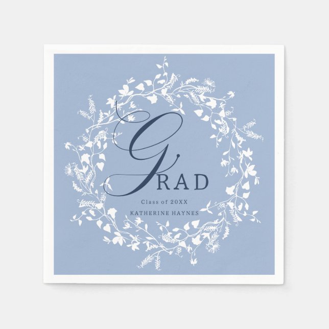 Chambray Blue White Wildflower Wreath Graduation  Napkin (Front)