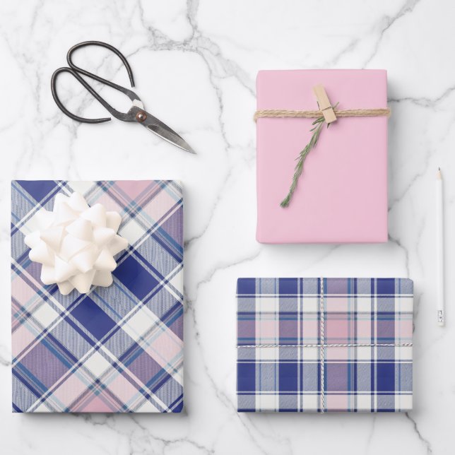 Chambray, Light Pink, Light Grey-Blue... Plaid Wrapping Paper Sheet (Front)