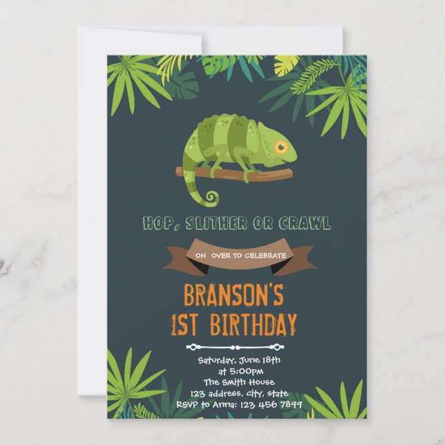 Chameleon birthday party invitation (Front)