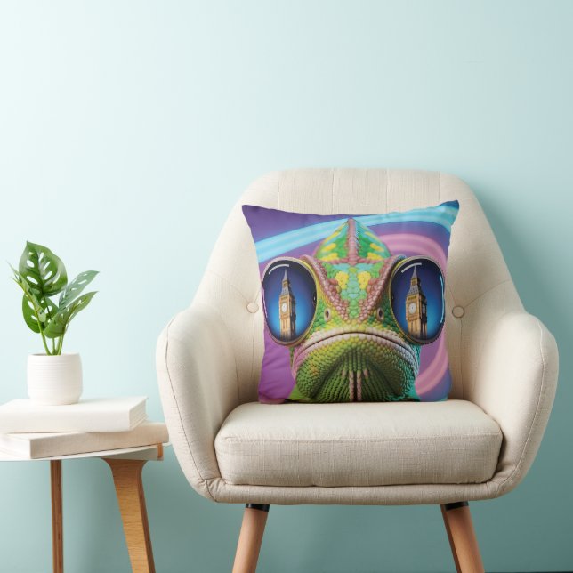 Chameleon Eye Reflection of Big Ben in Neon Lights Throw Pillow (Chair)