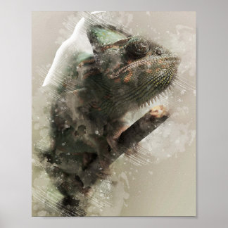 chameleon head close up watercolor oil painting poster