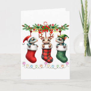 Chameleon In Christmas Socks Lights Chameleon Xmas Card