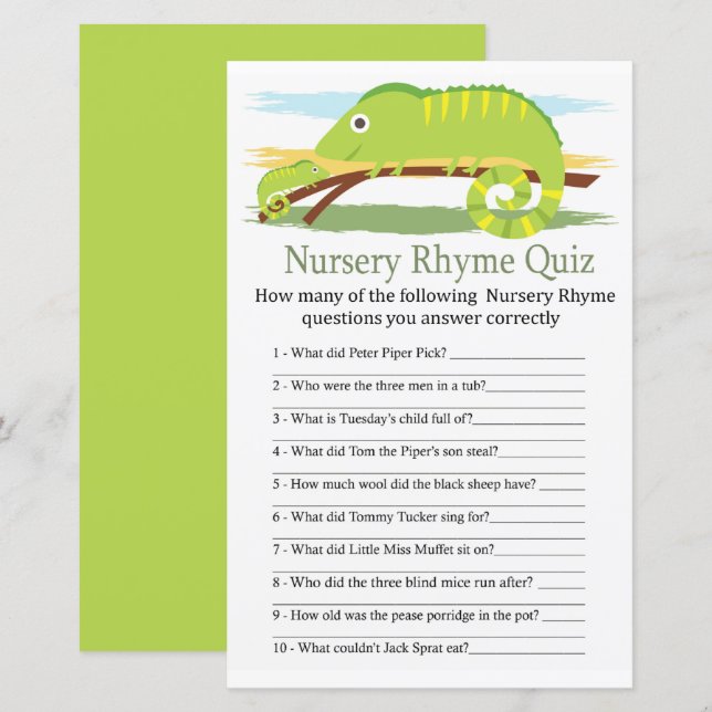 Chameleon Nursery Rhyme Quiz baby shower game (Front/Back)