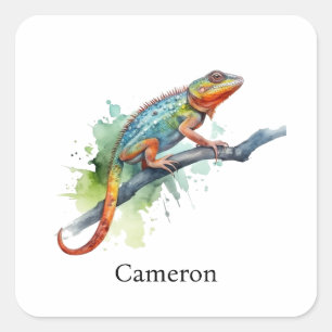 chameleon on a branch, customizable square sticker