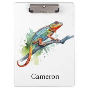 chameleon on a branch watercolor, customizable clipboard