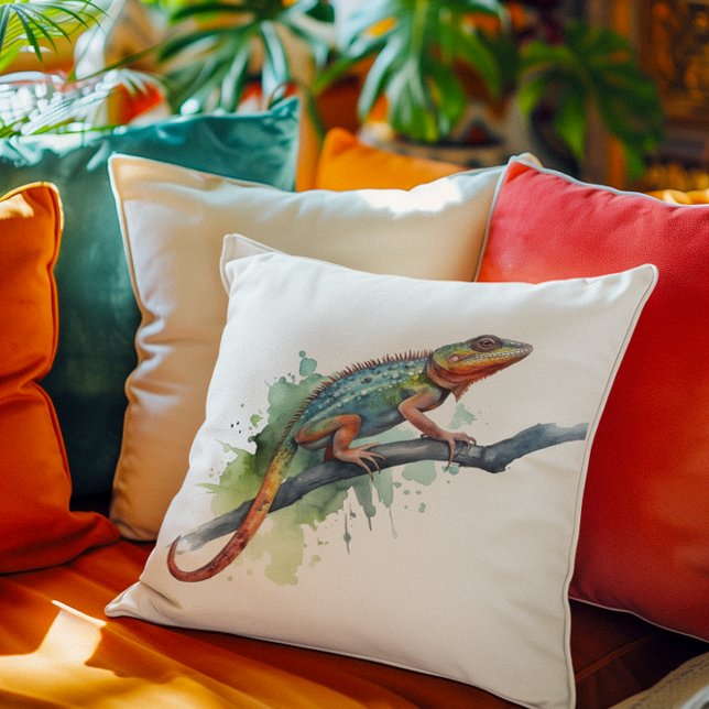 chameleon on a branch  watercolor vibrant colours throw pillow (Creator Uploaded)