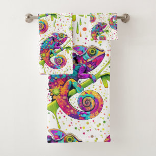 Chameleon Paint Stains Watercolor Style Bath Towel Set
