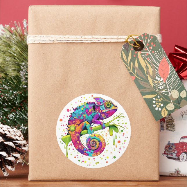 Chameleon Paint Stains Watercolor Style Classic Round Sticker (Holiday)