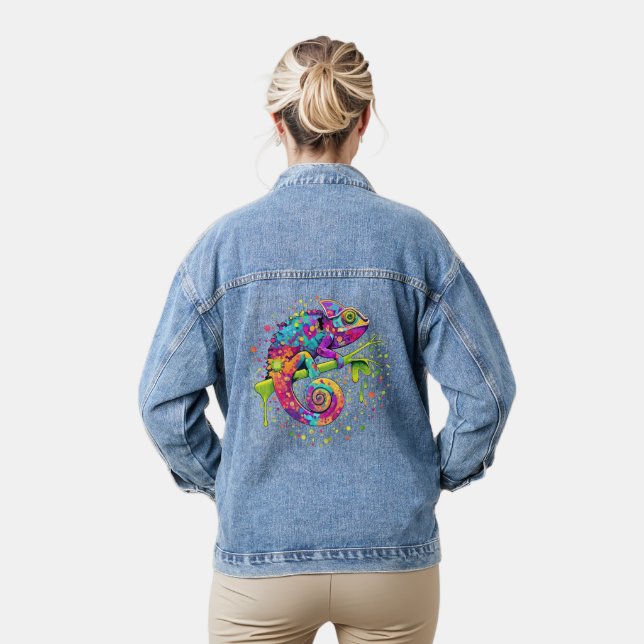Chameleon Paint Stains Watercolor Style Denim Jacket (Model)