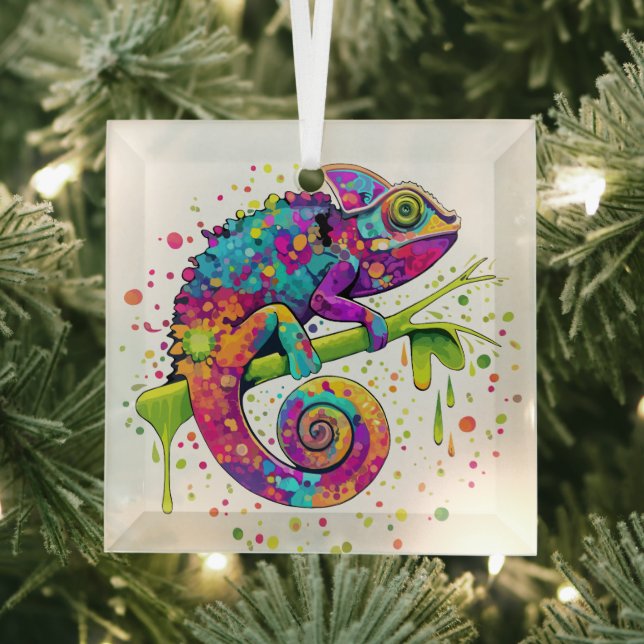 Chameleon Paint Stains Watercolor Style Glass Ornament (Insitu)