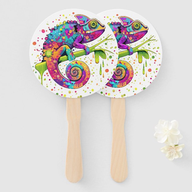 Chameleon Paint Stains Watercolor Style Hand Fan (Front and Back)