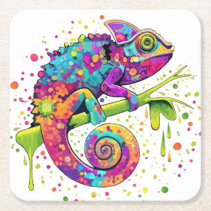 Chameleon Paint Stains Watercolor Style Square Paper Coaster