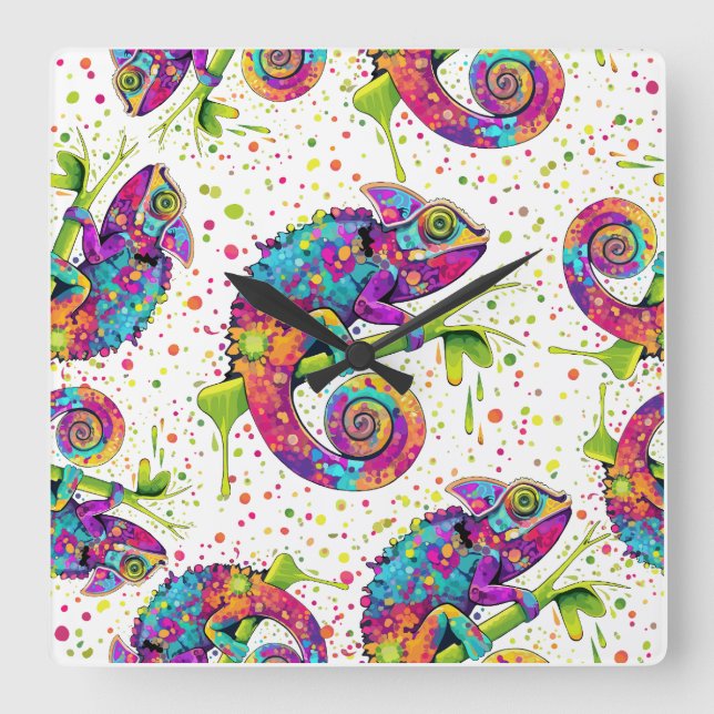 Chameleon Paint Stains Watercolor Style Square Wall Clock (Front)