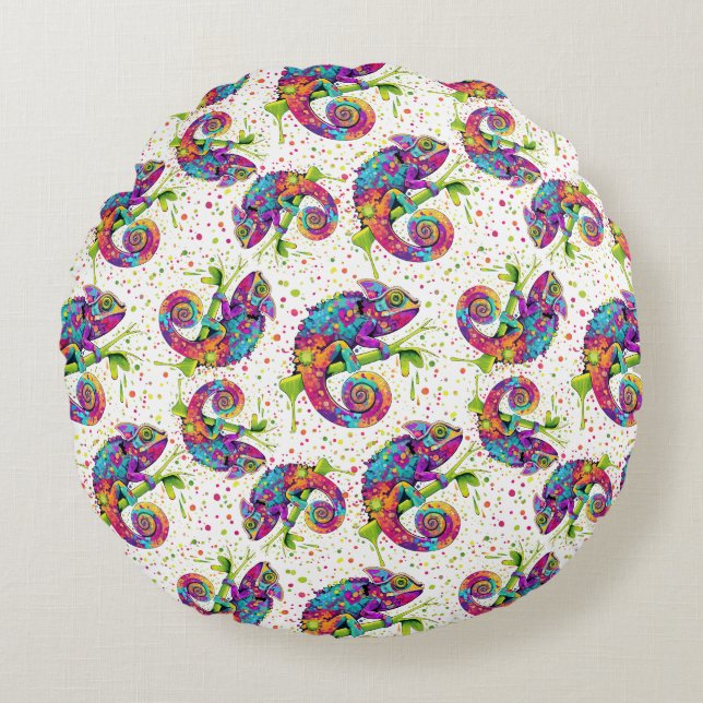 Chameleon Paint Stains Watercolor Style Throw Pill Round Pillow (Front)