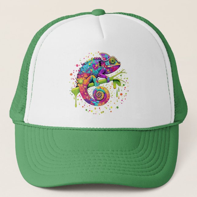 Chameleon Paint Stains Watercolor Style Trucker Hat (Front)