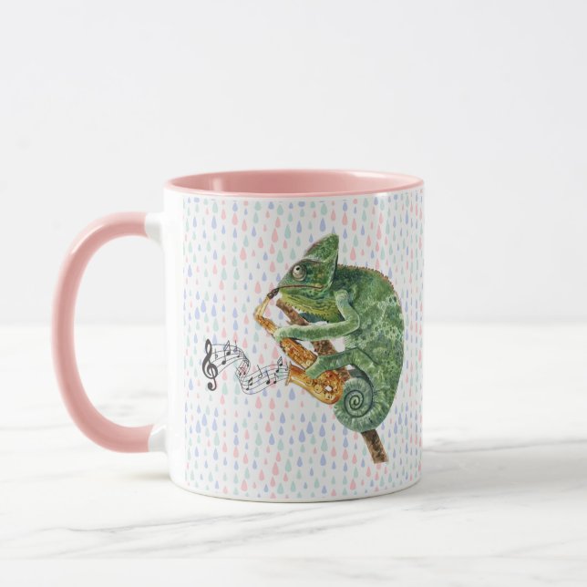 Chameleon Playing Blues In Rain Saxophone Mug (Left)