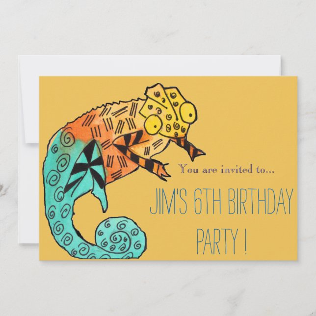 Chameleon reptile illustration boy birthday party invitation (Front)