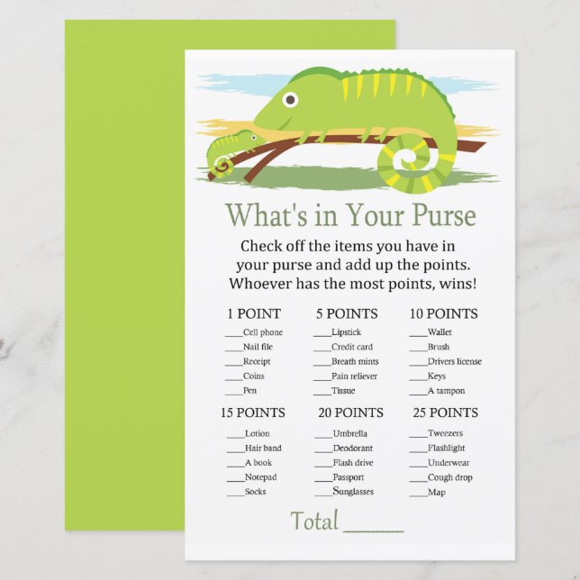Chameleon What's in your purse game baby shower (Front/Back)