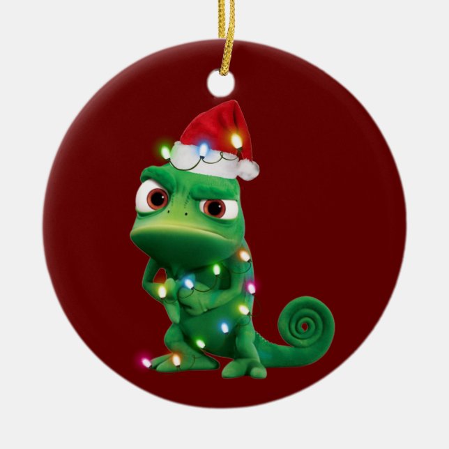 Chameleon With Hat Lights Christmas Ceramic Ornament (Front)