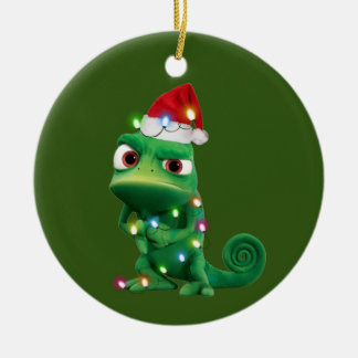 Chameleon With Hat Scaft Christmas Ceramic Ornament