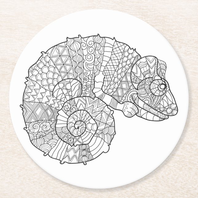 Chameleon Zendoodle Round Paper Coaster (Front)