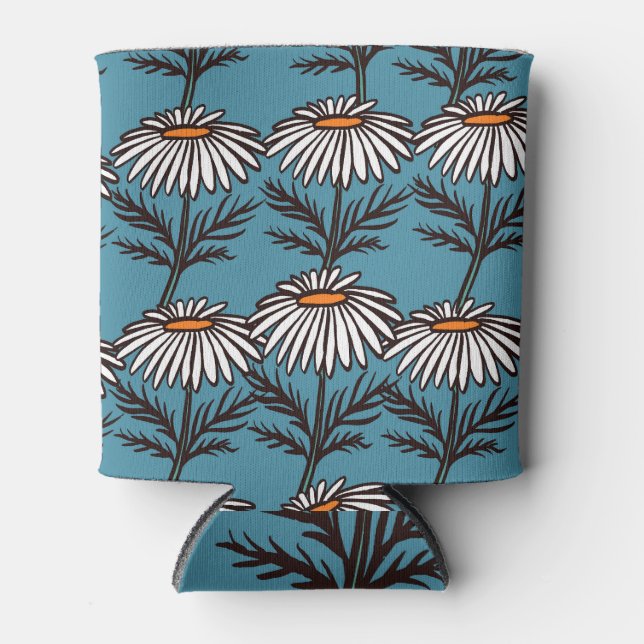 Chamomile, blue vintage cartoon pattern. can cooler (Front)