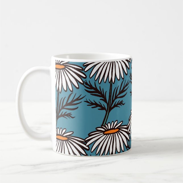 Chamomile, blue vintage cartoon pattern. coffee mug (Left)