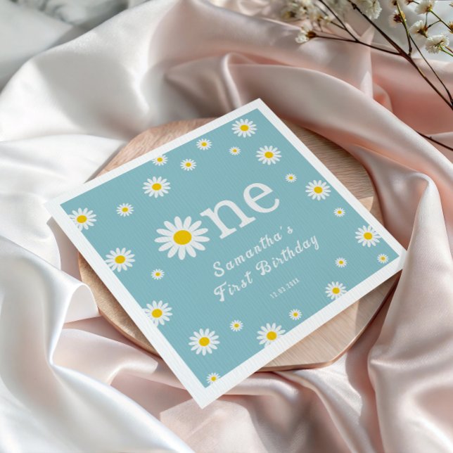Chamomile Daisy Flower Elegant Teal Birthday Napkin (Creator Uploaded)