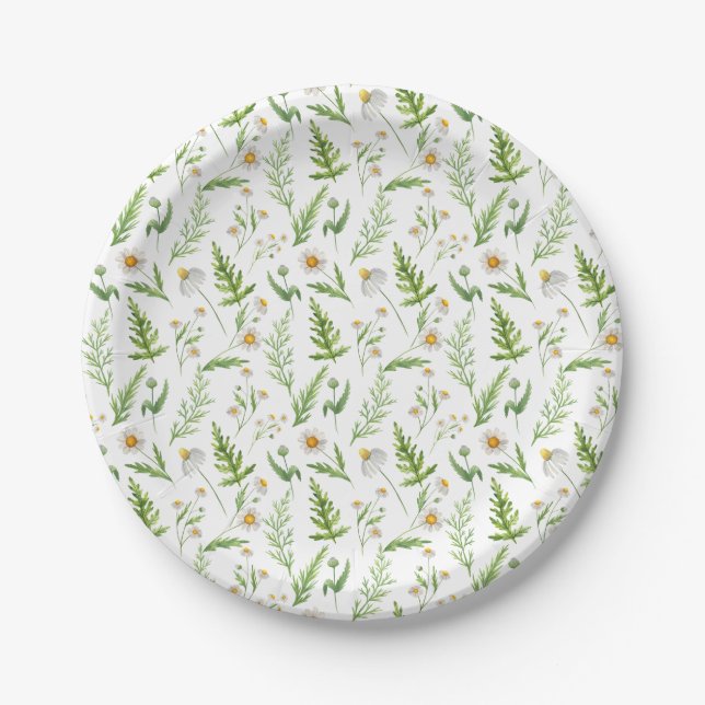 Chamomile Flower Botanical Rustic Pattern Paper Plate (Front)