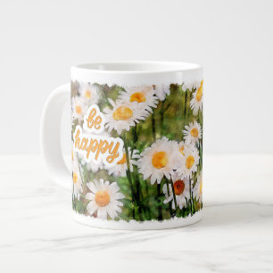 Chamomile Flower Mug, Birthday Gift Be Happy Large Coffee Mug
