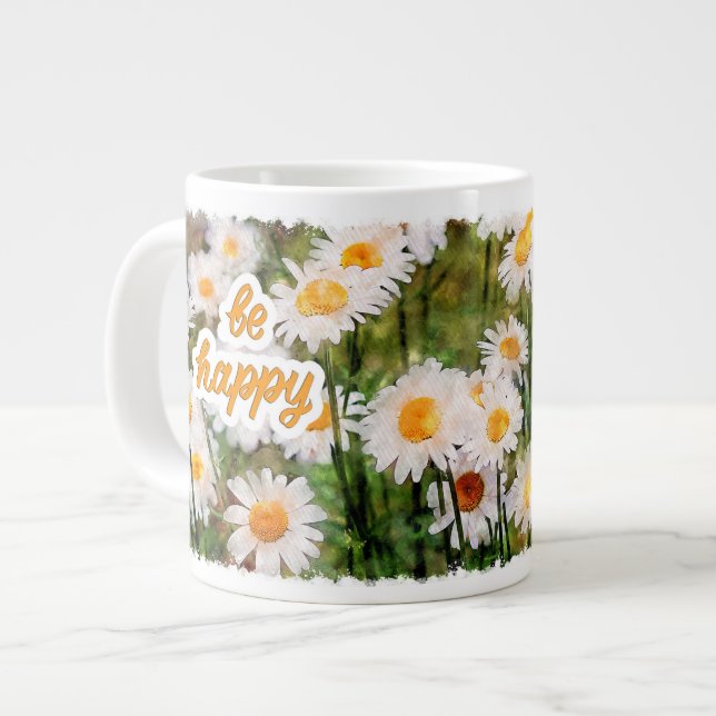 Chamomile Flower Mug, Birthday Gift  Be Happy Large Coffee Mug (Front Left)