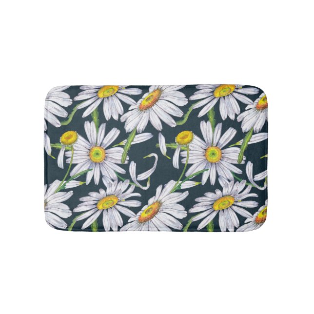Chamomile Flowers: Dark Blue Watercolor. Bath Mat (Front)