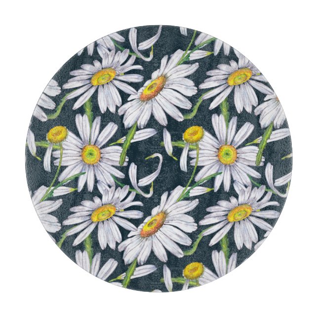 Chamomile Flowers: Dark Blue Watercolor. Cutting Board (Front)