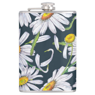 Chamomile Flowers: Dark Blue Watercolor. Hip Flask