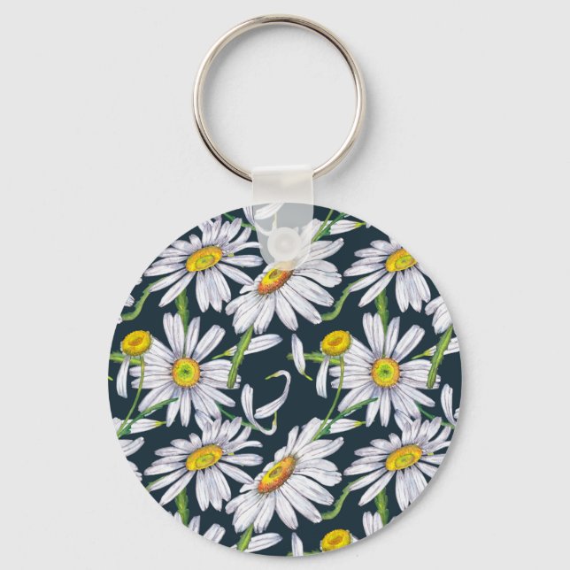 Chamomile Flowers: Dark Blue Watercolor. Keychain (Front)