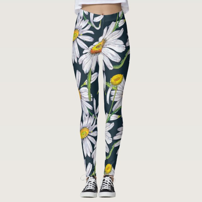 Chamomile Flowers: Dark Blue Watercolor. Leggings (Front)