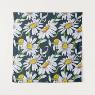Chamomile Flowers: Dark Blue Watercolor. Tapestry