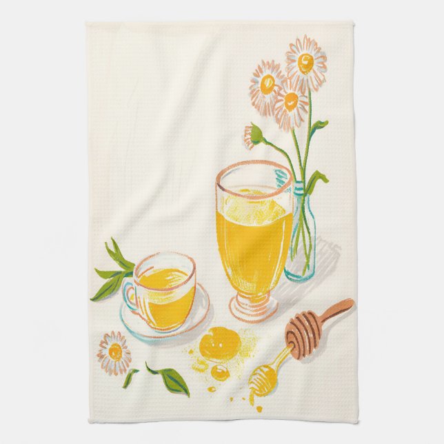 Chamomile Serenity – Tea & Honey Kitchen Towel (Vertical)