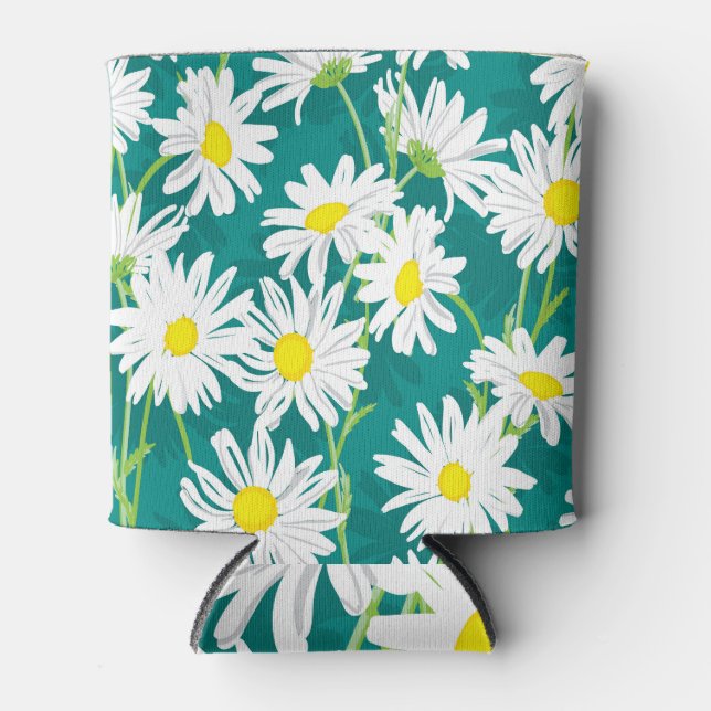 Chamomile Turquoise: Floral Seamless Illustration. Can Cooler (Front)