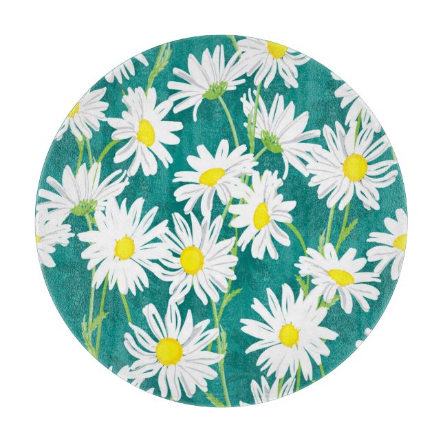 Chamomile Turquoise: Floral Seamless Illustration. Cutting Board (Front)
