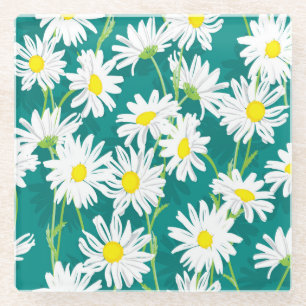 Chamomile Turquoise: Floral Seamless Illustration. Glass Coaster