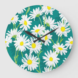 Chamomile Turquoise: Floral Seamless Illustration. Large Clock