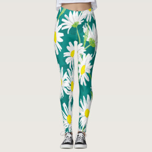 Chamomile Turquoise: Floral Seamless Illustration. Leggings