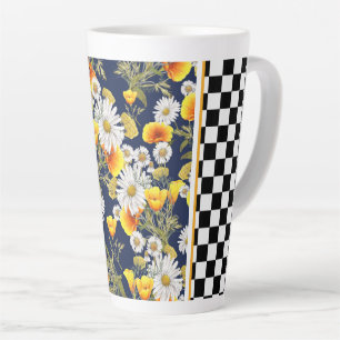 Chamomiles  Poppies and Chequerboard  Latte Mug