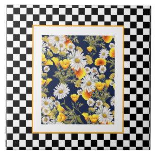 Chamomiles Poppies and Chequerboard Tile