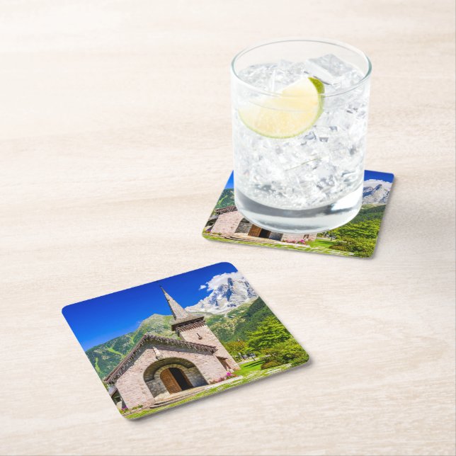 Chamonix church square paper coaster (Insitu)