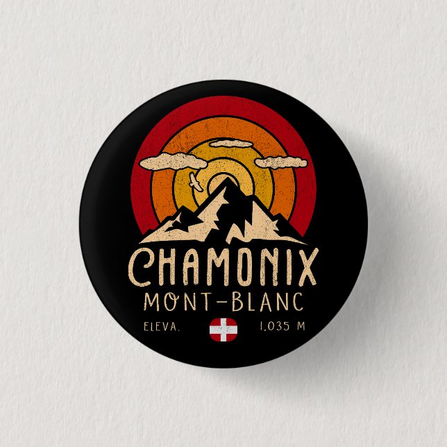 Chamonix France Retro Sunset Skiing Souvenirs 80s 1 Inch Round Button (Front)