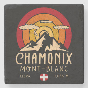 Chamonix France Retro Sunset Skiing Souvenirs 80s Stone Coaster
