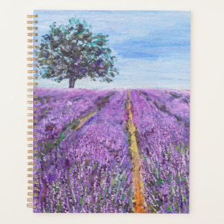 champ de lavande violette et tableau d'huile d'arb