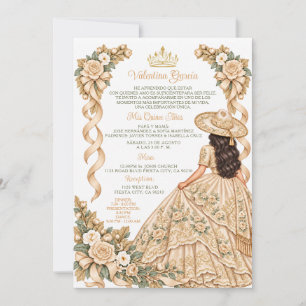 Champagne 15 Anos Charra Gold Quinceañera Floral Invitation